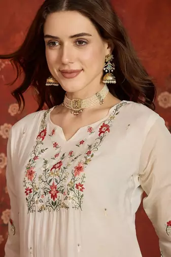 Cream cotton embroidered kurta set