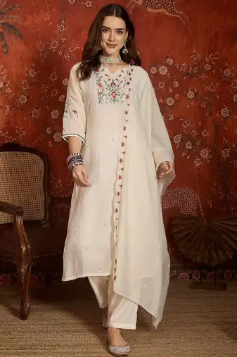 Cream cotton embroidered kurta set