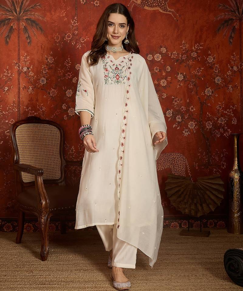 Cream cotton embroidered kurta set
