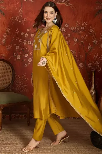 Mustard cotton embroidered kurta set