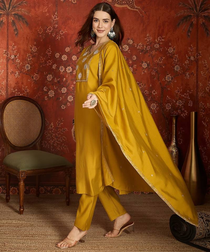 Mustard cotton embroidered kurta set