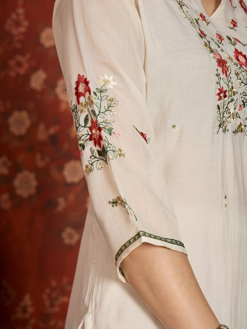 Cream cotton embroidered kurta set
