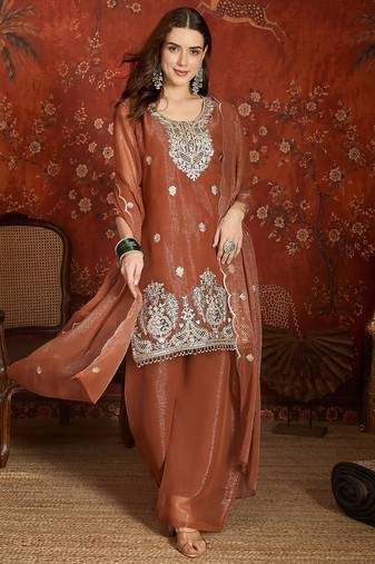 Rust shimmer zari embroidered kurta set.