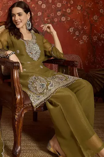 Olive shimmer zari embroidered kurta set