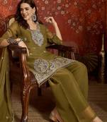 Olive shimmer zari embroidered kurta set
