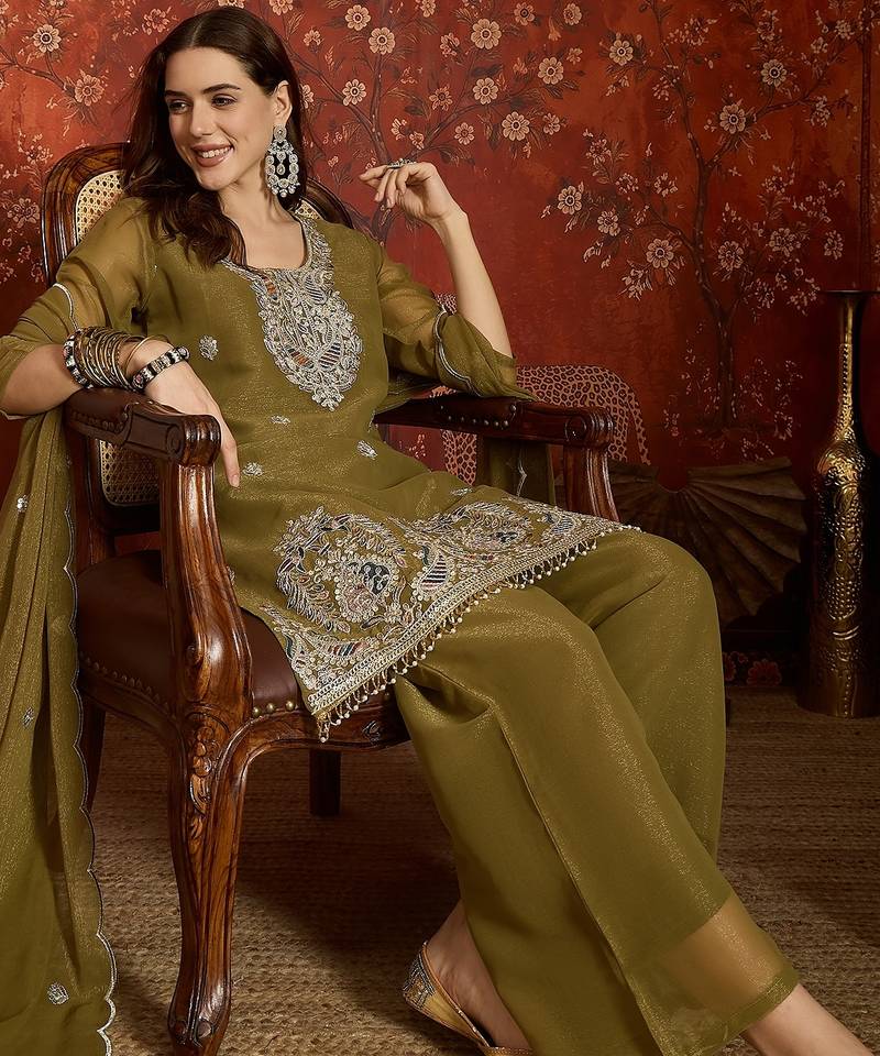Olive shimmer zari embroidered kurta set