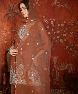 Rust shimmer zari embroidered kurta set. 4