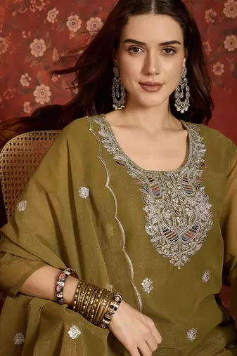Olive shimmer zari embroidered kurta set