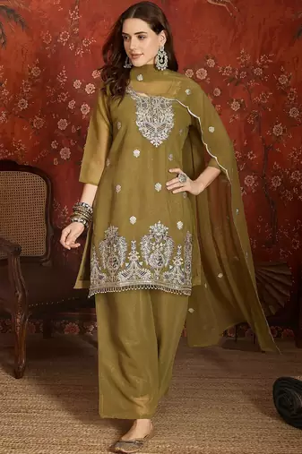 Olive shimmer zari embroidered kurta set