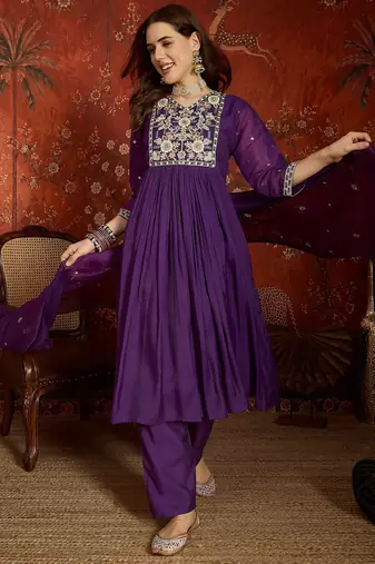 Purple cotton embroidered kurta set.