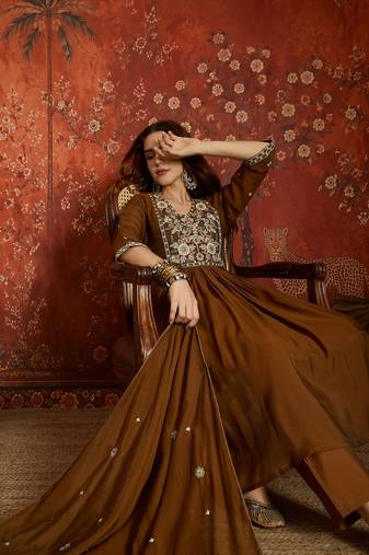 Coffee cotton embroidered kurta set