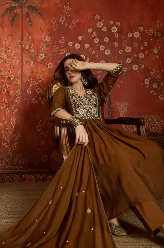 Coffee cotton embroidered kurta set