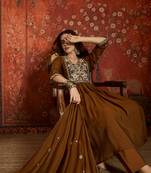 Coffee cotton embroidered kurta set
