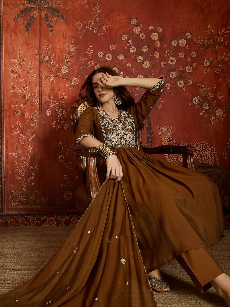 Coffee cotton embroidered kurta set