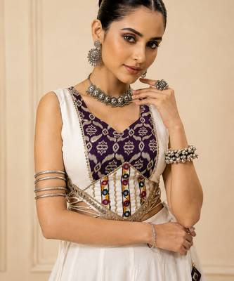 White Heritage Print Garba Lehenga Set with Mirror Work Blouse 3