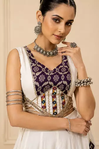 White Heritage Print Garba Lehenga Set with Mirror Work Blouse