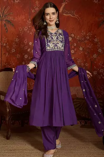 Purple cotton embroidered kurta set.