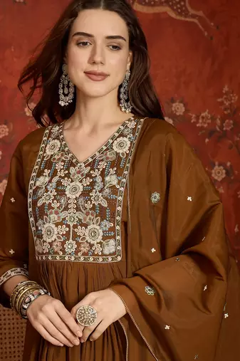 Coffee cotton embroidered kurta set