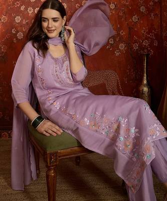 Lilac cotton embroidered kurta set 1