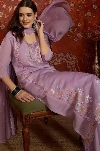 Lilac cotton embroidered kurta set