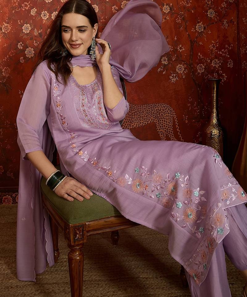 Lilac cotton embroidered kurta set