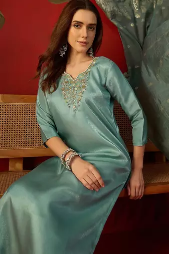 Blue cotton embellished kurta set