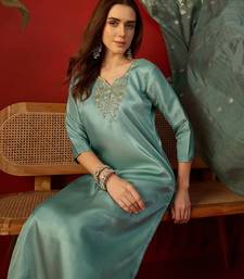 Blue cotton embellished kurta set
