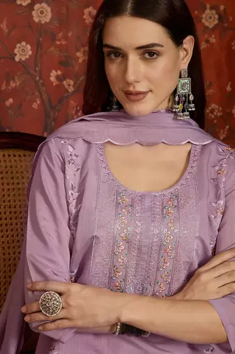 Lilac cotton embroidered kurta set
