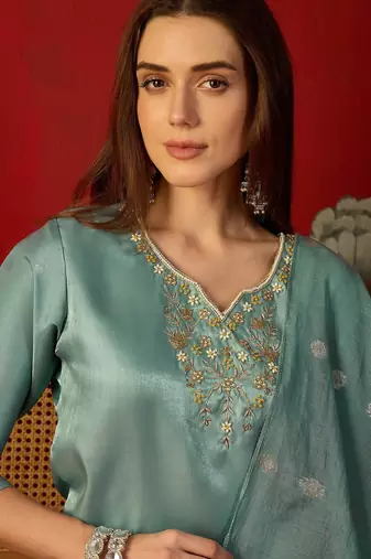 Blue cotton embellished kurta set