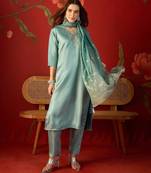Blue cotton embellished kurta set