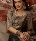 Grey cotton embroidered kurta set