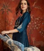 Teal cotton embroidered kurta set.