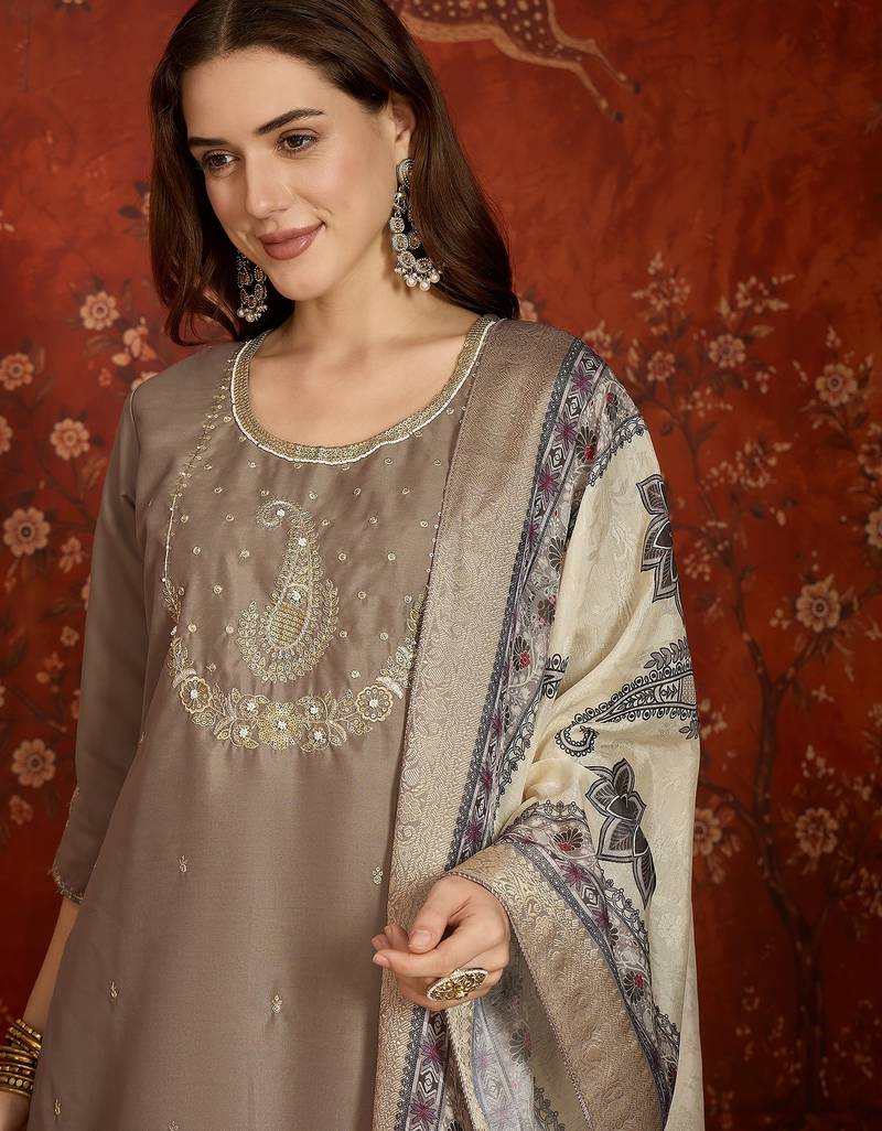 Grey cotton embroidered kurta set
