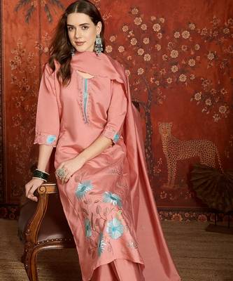 Peach cotton embroidered kurta set 1