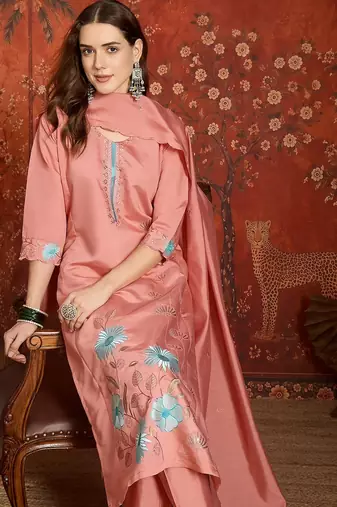 Peach cotton embroidered kurta set
