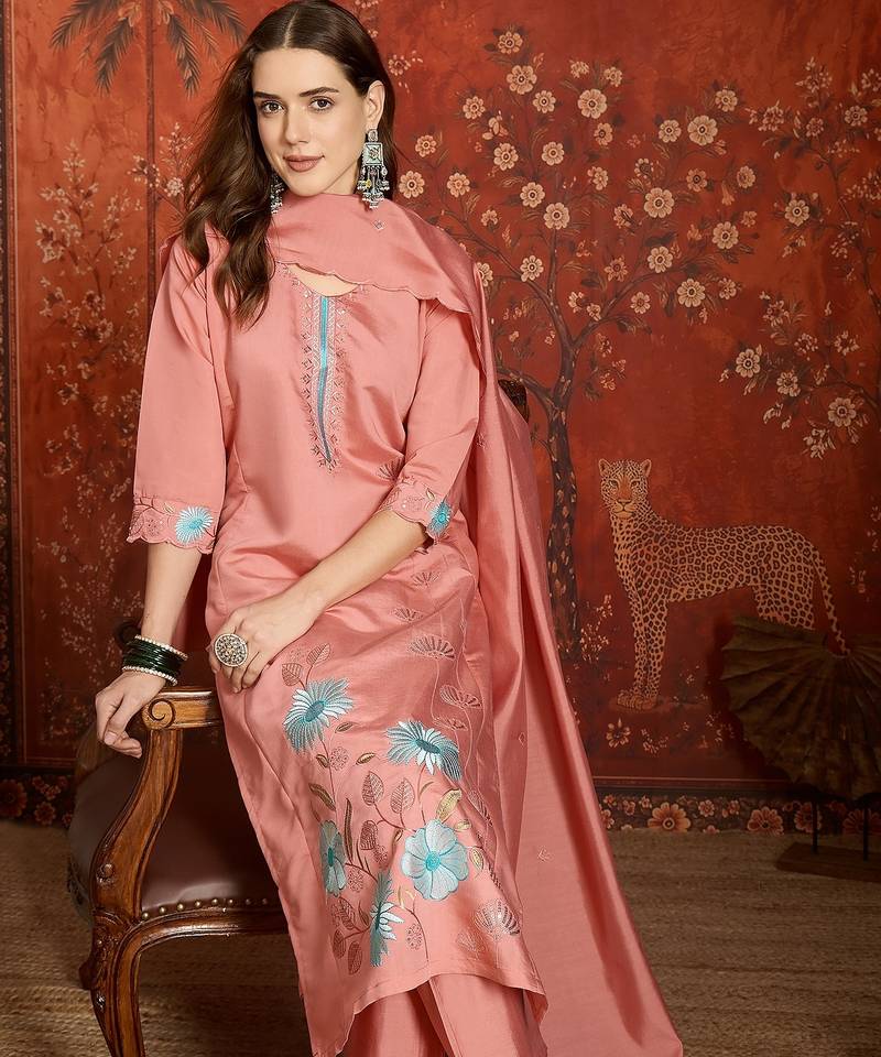 Peach cotton embroidered kurta set