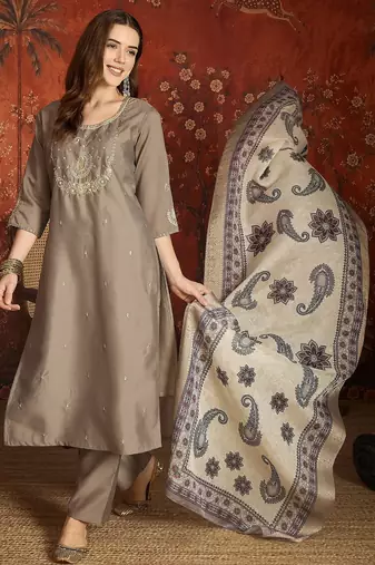 Grey cotton embroidered kurta set