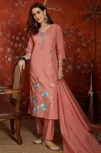 Peach cotton embroidered kurta set