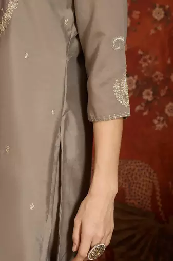 Grey cotton embroidered kurta set