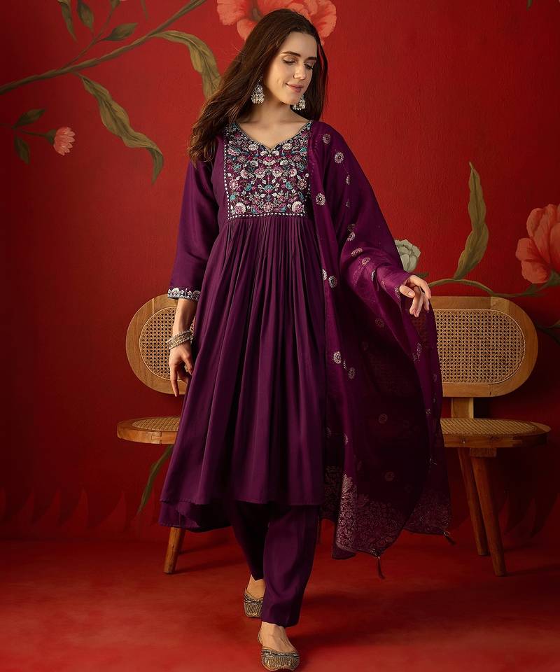 Wine cotton embroidered kurta set