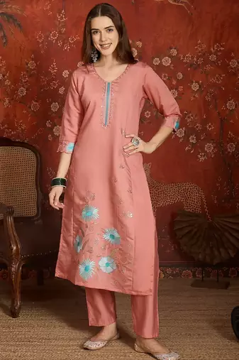 Peach cotton embroidered kurta set