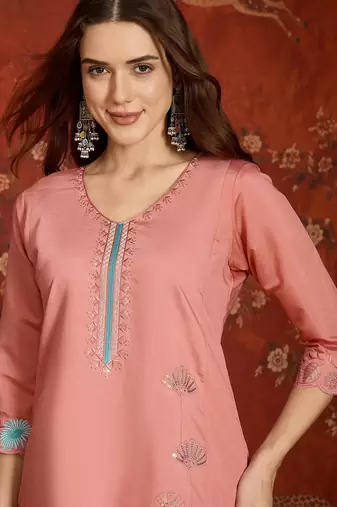 Peach cotton embroidered kurta set