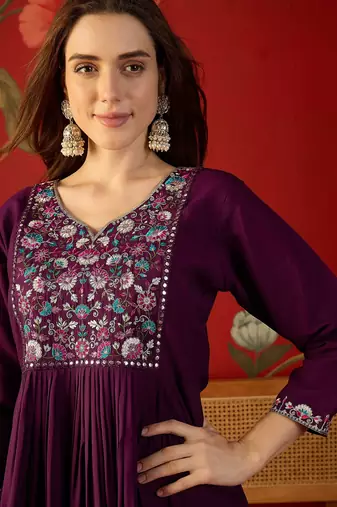 Wine cotton embroidered kurta set