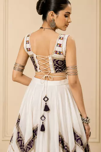 White Heritage Print Garba Lehenga Set with Mirror Work Blouse