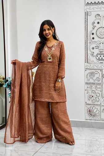 brown color embroidery work with hand-stitched beads and latkan work silk blend kurti palazzo set