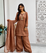 brown color embroidery work with hand-stitched beads and latkan work silk blend kurti palazzo set