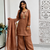 brown color embroidery work with hand-stitched beads and latkan work silk blend kurti palazzo set