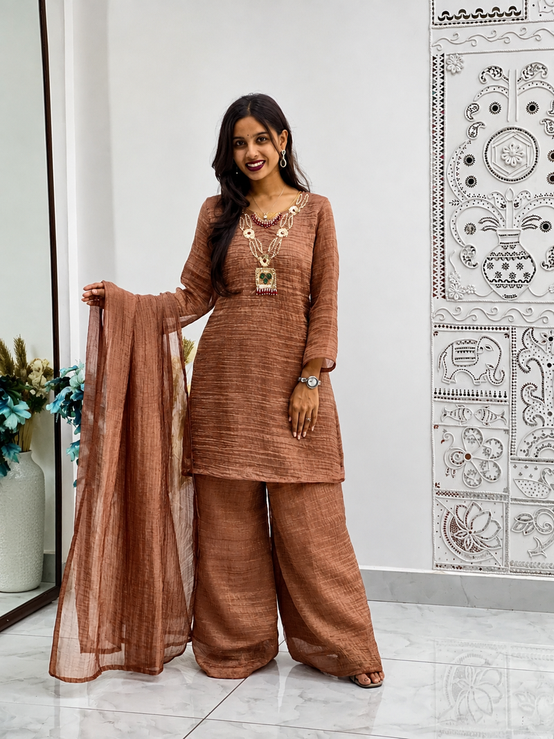 brown color embroidery work with hand-stitched beads and latkan work silk blend kurti palazzo set