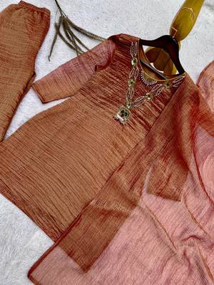 brown color embroidery work with hand-stitched beads and latkan work silk blend kurti palazzo set 2