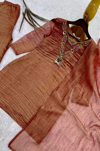 brown color embroidery work with hand-stitched beads and latkan work silk blend kurti palazzo set